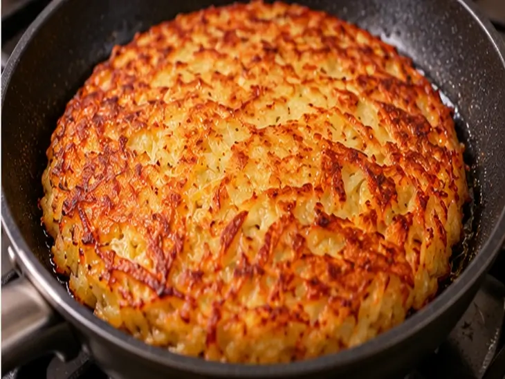 Batata Rösti Dourada na Frigideira Disco inteiro de batata rösti com crosta dourada e bordas crocantes dentro de uma frigideira preta.