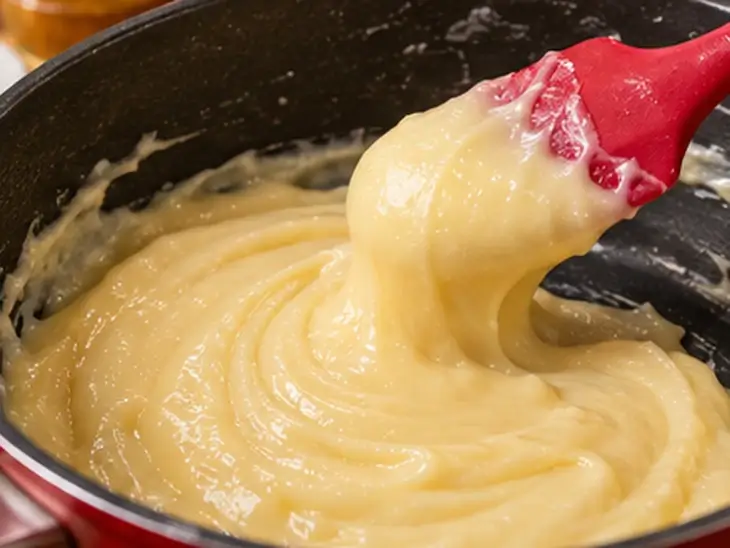 Brigadeiro branco cremoso sendo mexido com espátula vermelha dentro de uma panela antiaderente.