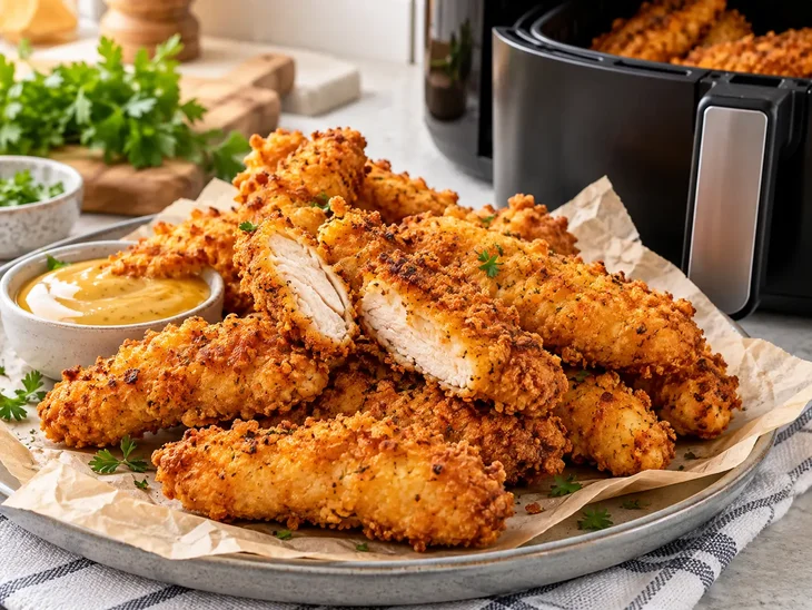 Frango Crocante do TikTok na Air Fryer Iscas de frango crocante douradas em um prato com molho de mostarda ao lado de uma air fryer