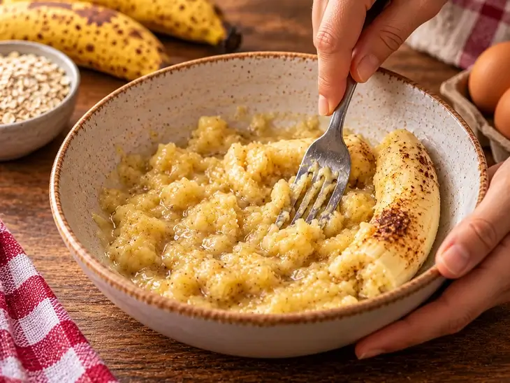 Como Amassar Banana para Panqueca Fit Mão amassando banana madura com um garfo dentro de uma tigela de cerâmica sobre uma mesa de madeira.