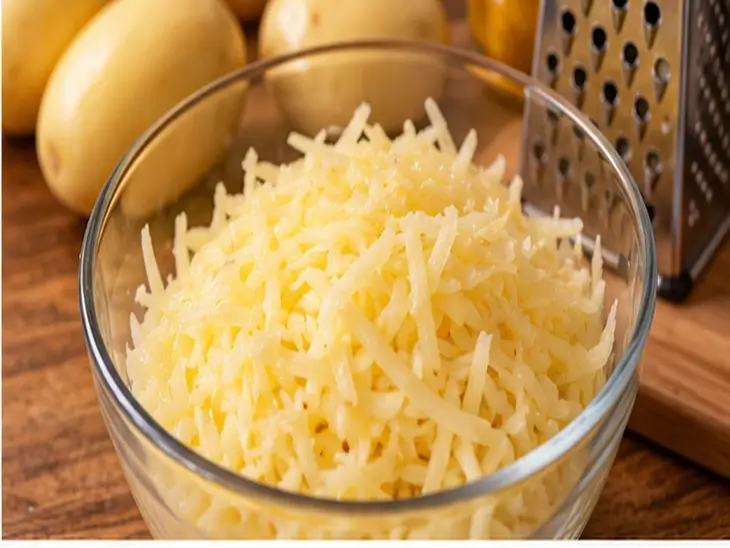 Como Ralar Batatas para Fazer Rösti Tigela de vidro com batatas cruas raladas em fios grossos, ao lado de um ralador de cozinha.