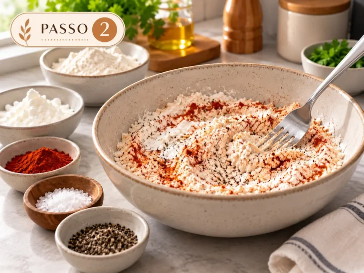 Mistura de Farinha e Amido para Empanar Frango Tigela com farinha de trigo, amido de milho, páprica e pimenta sendo misturados com um garfo