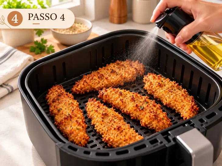 Iscas de Frango Empanadas na Cesta da Air Fryer Tiras de frango empanadas separadas na cesta da air fryer enquanto recebem óleo em spray