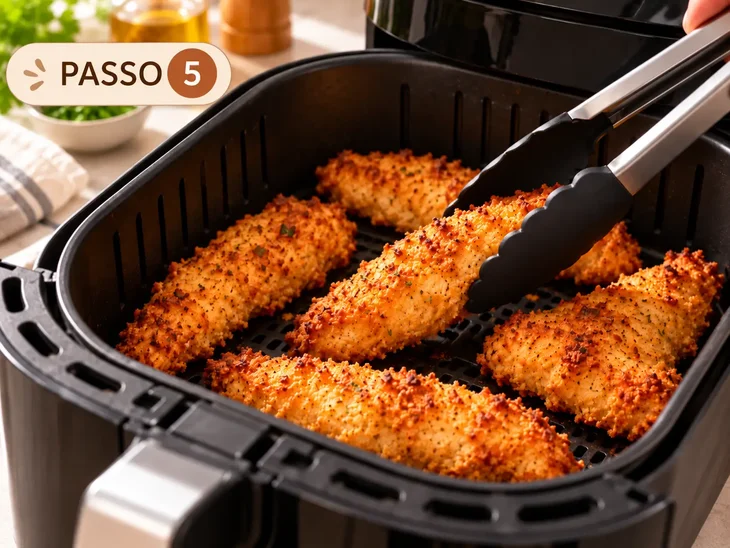 Frango Crocante Assando na Air Fryer a 200 °C Pinça virando uma tira de frango empanado dourado dentro da cesta da air fryer