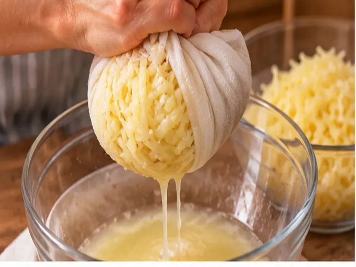 Como Retirar a Água da Batata Ralada Mãos espremendo batata ralada dentro de um pano branco sobre uma tigela de vidro para retirar o líquido.