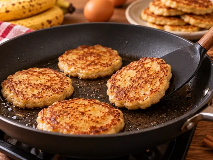 Panquecas de Banana Fit Dourando na Frigideira Panquecas pequenas de banana com aveia douradas em uma frigideira preta, com uma delas sendo levantada por uma espátula.