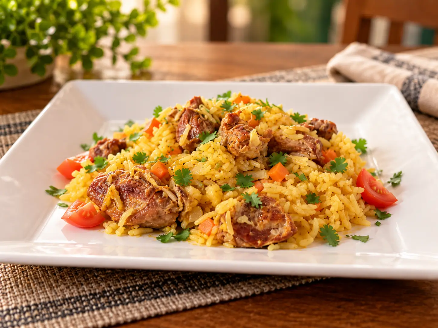 Arroz com Pernil de Porco Caseiro Arroz dourado com pedaços de pernil de porco servido em prato branco quadrado.
