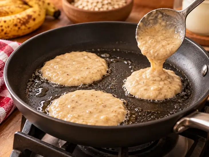 Como Colocar a Massa da Panqueca de Banana na Frigideira Colher despejando massa de banana com aveia em uma frigideira antiaderente com pequenas panquecas começando a cozinhar.