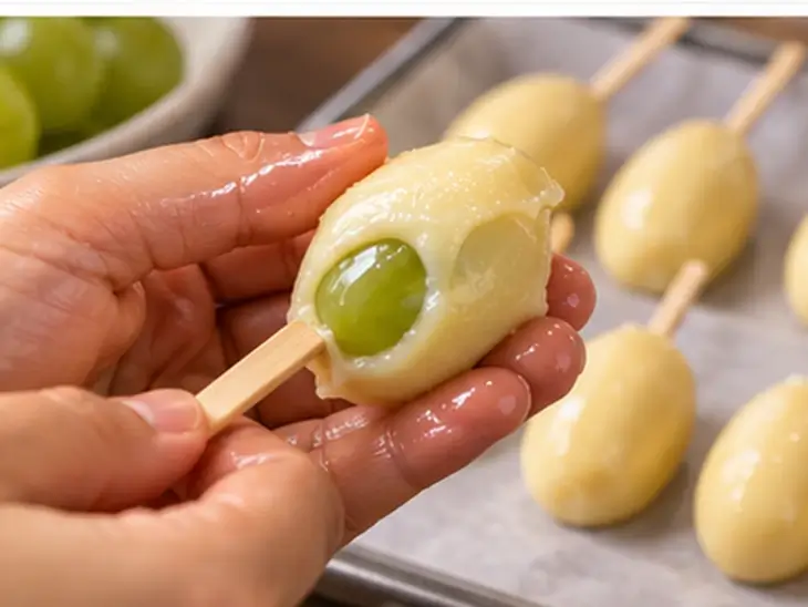 Mãos cobrindo uma uva verde no palito com brigadeiro branco, com outras uvas preparadas sobre uma assadeira.