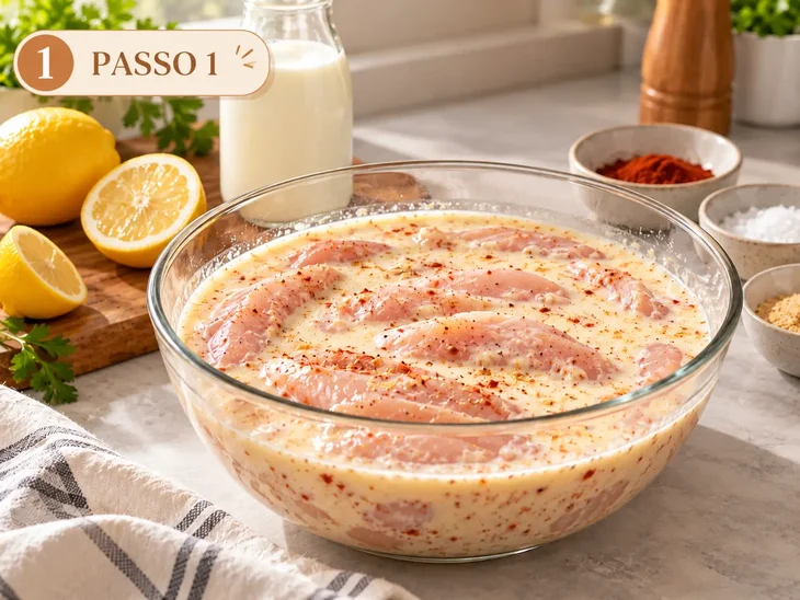 Frango Marinado no Buttermilk Caseiro Tiras de frango cru em tigela de vidro com marinada de leite, limão e páprica