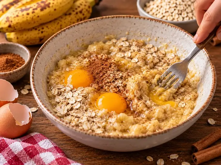 Mistura de Banana, Ovos e Aveia para Panqueca Fit Tigela com banana amassada, dois ovos, aveia em flocos e canela sendo misturados com um garfo.